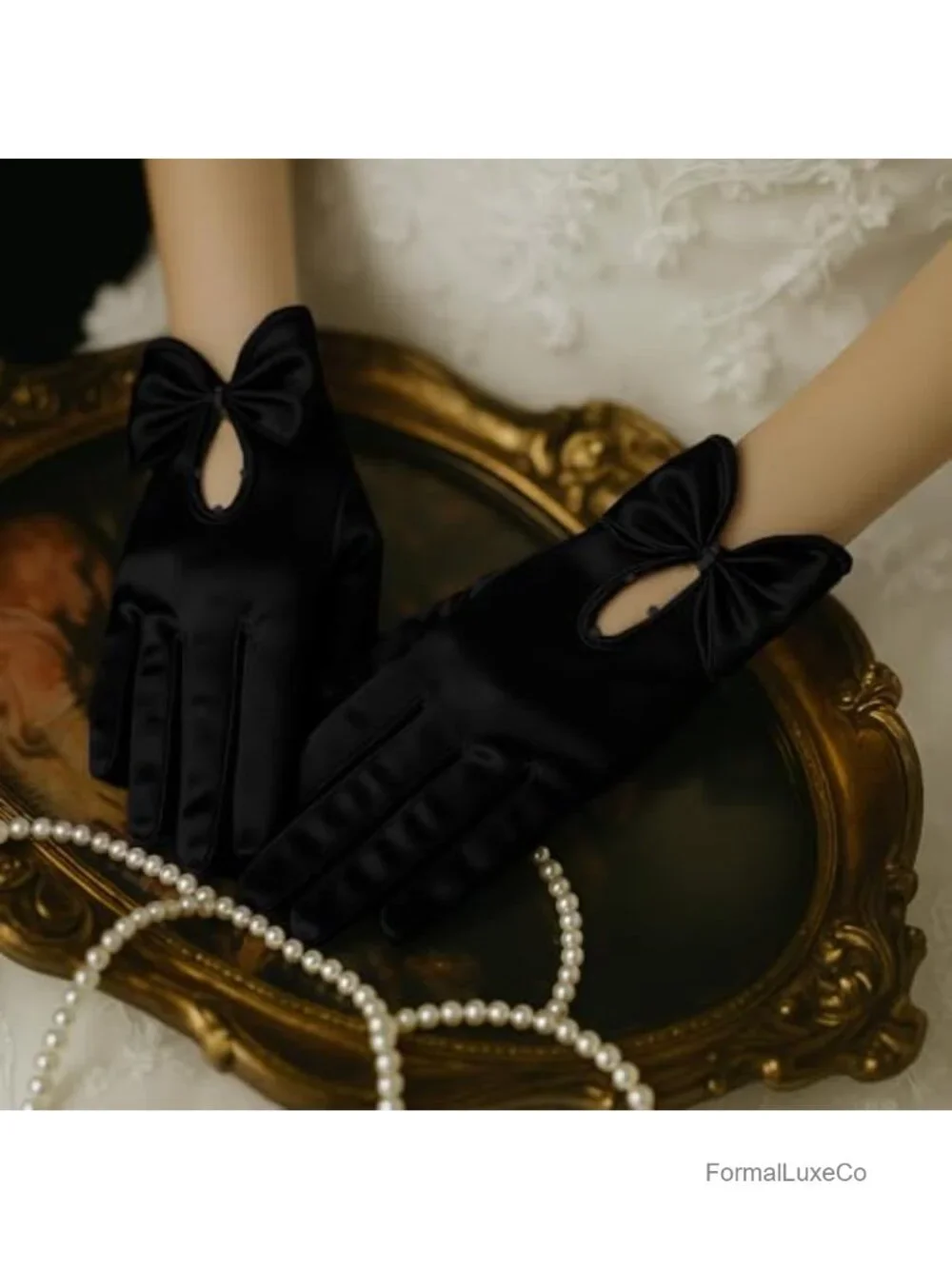 Women's Satin Opera Gloves with Bow & Pearl, Stretchy Bridal Party
